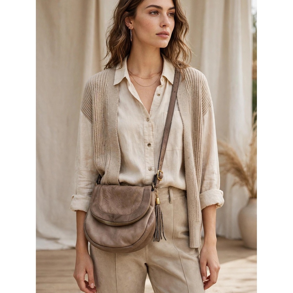Soft Leather Crossbody Bag Italian Taupe Brown Small Boho Tassel Casual Capsule